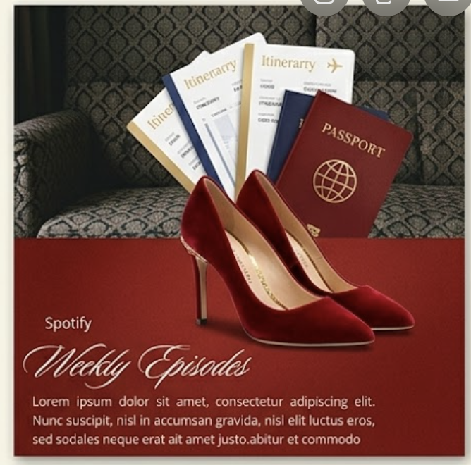 Red velvet heels with passport and itineraries
